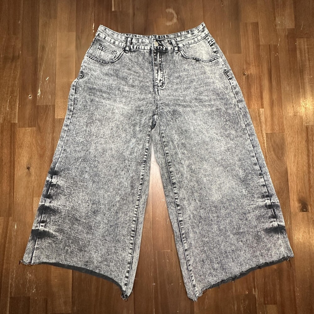 Acid Wash Wide Leg Jeans Womens 10 Gray Cropped Raw Hem Denim High Rise 31x24.5